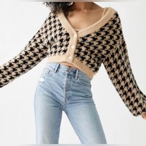 Kendall‎ & Kylie Black and Tan Houndstooth Cropped Cardigan Women’s Size Small